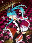  aqua_eyes aqua_hair bracelet cape checkered checkered_background crown elbow_gloves fukutsuu gloves hatsune_miku highres jewelry long_hair skirt solo thighhighs twintails vocaloid world_is_mine_(vocaloid) 