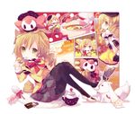  1girl ana_(rznuscrf) black_legwear blonde_hair cake candy charlotte_(madoka_magica) cheesecake chibi chocolate chocolate_bar comic cup drill_hair eating food fork highres kyubey lollipop magical_girl mahou_shoujo_madoka_magica meiji_(brand) meiji_milk_chocolate mitakihara_school_uniform object_on_head pantyhose school_uniform sitting tea teacup teapot tomoe_mami twin_drills twintails yellow_eyes 