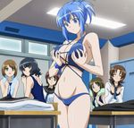  bikini blue_eyes blue_hair breast_grab breast_hold breasts cap classroom cleavage forced_dressing genderswap grabbing groin highres kampfer large_breasts mound_of_venus screencap senou_natsuru stitch stitched swimsuit tricked 