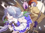  1girl battle blue_eyes bow braid brown_hair crossover fingerless_gloves gambit gloves grey_hair hair_bow izayoi_sakuya knife m.u.g.e.n maid maid_headdress marvel nana-2009 red_eyes short_hair staff touhou trench_coat twin_braids x-men 