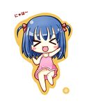  &gt;_&lt; :3 :d bangs bare_arms bare_legs bare_shoulders barefoot blue_hair blush_stickers bow brown_bow chibi closed_eyes collarbone dress eyebrows_visible_through_hair facing_viewer geukhan_taeyang hair_bow hair_ribbon lotte_no_omocha! lowres navel no_panties open_mouth outstretched_arm pink_dress ribbon short_hair sleeveless sleeveless_dress smile solo touhara_asuha translation_request two_side_up white_background xd 