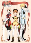  2girls alternate_costume blonde_hair blue_eyes boots brown_hair estellise_sidos_heurassein flower flynn_scifo knee_boots multiple_girls pink_hair rita_mordio short_hair sword tales_of_(series) tales_of_vesperia tama_(songe) thighhighs weapon 