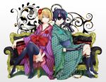  alois_trancy black_legwear blonde_hair blue_eyes blue_hair ciel_phantomhive elbow_gloves eyepatch flower full_body gloves hair_flower hair_ornament hairband japanese_clothes kneehighs kuroshitsuji male_focus multiple_boys otoko_no_ko rinta smile thighhighs 