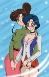 2girls belt bishoujo_senshi_sailor_moon blue blue_eyes blue_hair blush bra breasts brown_hair choker cleavage clothes earrings embarrassed eye_contact green_eyes hair_bobbles hair_ornament hand_holding jewelry kino_makoto long_hair looking_at_another mizuno_ami multiple_girls naughty_face necklace open_clothes panties pantyshot ponytail short_hair shy skirt skirt_lift smile sweater underwear wavy_hair yuri 