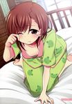  absurdres all_fours animal_print barefoot bed blush brown_eyes brown_hair downblouse face foreshortening frog_print gekota hands highres hiroichi misaka_mikoto pajamas print_pajamas rubbing_eyes sleepy solo tears to_aru_kagaku_no_railgun to_aru_majutsu_no_index wiping_tears 