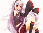  bad_id bad_pixiv_id bare_shoulders blush detached_sleeves headphones kneehighs long_hair lying manio midriff miniskirt navel no_nose on_side open_mouth pillow red_eyes silver_hair skirt sleeves_past_wrists solo sukone_tei utau 