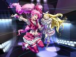  baariya blonde_hair bow choker cure_melody cure_rhythm green_eyes houjou_hibiki long_hair magical_girl midriff minamino_kanade multiple_girls pink_bow pink_choker pink_hair precure suite_precure thighhighs twintails very_long_hair 