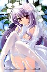  absurdres bare_shoulders breasts cleavage dress fairly_life flower garter_straps gloves hair_flower hair_ornament highres long_hair matsushita_makako medium_breasts nipple_slip nipples purple_hair red_eyes sitting smile solo takaoka_miku thighhighs wedding_dress white_legwear 