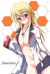  blonde_hair blush bottomless breasts charlotte_dunois infinite_stratos jewelry large_breasts long_hair mikagami_sou navel necklace no_bra pinching_sleeves purple_eyes sleeves_past_wrists smile solo 