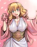  blonde_hair blush breasts cleavage cosplay green_eyes haru-chan haru-chan_(cosplay) hina_ichigo large_breasts nippon_housou_kyoukai older open_mouth rozen_maiden sideboob smile solo tsuda_nanafushi 