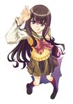  &gt;:) :q brown_hair eyebrows from_above full_body hand_gesture highres hirokiku kneehighs loafers long_hair ok_sign original purple_eyes school_uniform serafuku shadow shoes simple_background skirt smile solo sweater_vest tongue tongue_out v-shaped_eyebrows very_long_hair 