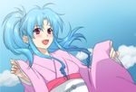  :d bad_id bad_pixiv_id blue_hair blush botan_(yuu_yuu_hakusho) ekra japanese_clothes kimono long_hair open_mouth pink_kimono ponytail purple_eyes smile solo yuu_yuu_hakusho 