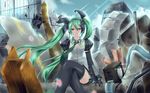  alternate_hairstyle black_legwear catstudioinc_(punepuni) cloud crossed_legs damaged debris green_eyes green_hair hair_ribbon hatsune_miku long_hair mechanical_arm ribbon rocket ruins sitting sky solo speaker thighhighs twintails very_long_hair vocaloid wind zettai_ryouiki 