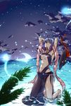  abs arms_behind_head barefoot bikini breasts cleavage downagi hat kneeling medium_breasts nagae_iku navel purple_hair purple_sarong red_eyes sarong see-through shawl short_hair solo submerged swimsuit touhou translucent_sarong underboob 