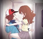  1girl artist_request assertive baseball_cap blush brown_hair eye_contact hat hetero jacket lass_(pokemon) long_hair looking_at_another npc_trainer open_mouth pleated_skirt pokemon pokemon_(game) pokemon_bw school_uniform serafuku skirt sweatdrop tongue tongue_out touya_(pokemon) 