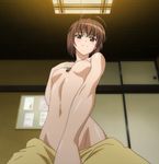  amatsume_akira antenna_hair between_legs blush breasts brown_eyes brown_hair from_below hand_between_legs highres nipples non-web_source nude pov screencap small_breasts solo stitched third-party_edit yosuga_no_sora 