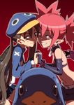  backpack bad_id bad_pixiv_id bag bat_wings blue_hat brown_eyes brown_hair disgaea earrings elbow_gloves etna gloves hat highres jewelry kaeru_kenshi kazamatsuri_fuuka makai_senki_disgaea_4 multiple_girls pointy_ears prinny red_eyes red_hair twintails wings 