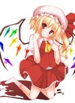  ascot blonde_hair flandre_scarlet gorujitai hat kneeling red_eyes red_skirt side_ponytail skirt socks solo touhou white_legwear wings 