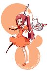  character_request copyright_request cup ekus_(xo_ekus) fork orange_skirt ponytail red_eyes red_hair skirt solo teacup teapot 