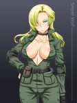  areola_slip areolae blonde_hair breasts choker cleavage covered_nipples fingerless_gloves gloves green_eyes hair_over_one_eye hand_on_hip large_breasts long_hair metal_gear_(series) metal_gear_solid military military_uniform nipples no_bra shikuta_maru sniper_wolf solo uniform 
