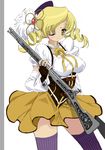 blonde_hair breasts corset detached_sleeves drill_hair fingerless_gloves gloves gun large_breasts legs magical_musket mahou_shoujo_madoka_magica one_eye_closed rifle solo thighhighs thighs tomoe_mami toshi_(little-fluffy-cloud) weapon yellow_eyes 