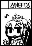  animal animal_on_head black_border border cat cat_on_head chan_co circle_cut digital_media_player glasses greyscale hatsune_miku headphones highres ipod monochrome on_head solo twintails vocaloid 