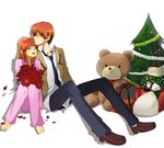  1girl akira_(allxforxone) angel_beats! brother_and_sister christmas gift hug long_hair orange_hair otonashi_(angel_beats!) otonashi_hatsune sack school_uniform short_hair siblings stuffed_animal stuffed_toy teddy_bear 