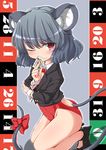  animal_ears ass bare_legs bow bowtie card cropped_jacket detached_collar grey_hair highleg highleg_leotard holding holding_card kneeling leotard mouse_ears mouse_tail nazrin no_socks playboy_bunny_leotard red_eyes red_leotard roulette short_hair solo tail tail_bow tec toramaru_shou touhou wrist_cuffs 