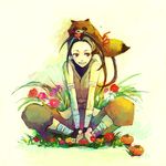  ankle_wrap bad_id bad_pixiv_id bandages barefoot black_eyes black_hair dirty_feet don_(street_fighter) eating feet flower food fruit grin hip_vent ibuki_(street_fighter) ninja smile street_fighter tanuki toeless_legwear toes urr wrist_wrap 