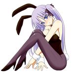 animal_ears bad_id bad_pixiv_id bare_shoulders blue_eyes blush breast_press breasts bunny_ears bunnysuit collarbone frown full_body hair_ribbon high_heels highres hiiragi_kagami large_breasts legs long_hair lucky_star pantyhose purple_hair ribbon shoes simple_background solo take_(shokumu-taiman) tsurime twintails 