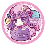  :&lt; bad_id bad_pixiv_id bow character_name chibi crescent food frown hair_bow hat long_hair lowres macaron patchouli_knowledge purple_eyes purple_hair solo touhou wasabi_(sekai) 