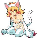  animal_ears bare_shoulders blonde_hair breasts cat_ears cat_tail choker claws cosplay felicia felicia_(cosplay) full_body green_eyes hairband hirano_kei kneeling lowres medium_breasts midriff natalia_luzu_kimlasca_lanvaldear navel oekaki short_hair simple_background solo tail tales_of_(series) tales_of_the_abyss thighhighs vampire_(game) 