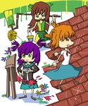  banhammer-tan brown_hair dvach-tan green_eyes highres iichan.ru mascot orange_hair purple_hair ru-chans school_uniform unyl-tan 