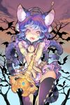  animal_ears bare_tree bat blue_hair cat_ears lowres scepter serenade_(sinohi) solo sword_girls thighhighs too_many too_many_bats tree yellow_eyes 