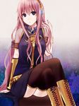  boots crossed_legs headphones long_hair megurine_luka pink_hair sitting solo thighhighs usui_(tripcube) vocaloid 