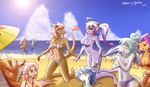  bikini blue_eyes bottomless canine clothed clothing eyes_closed female fox hair hair_over_eye horn horns mammal purple_hair red_eyes seaside shy skimpy skykain swimsuit tight_clothing topless unknown_species water wings 