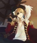  axis_powers_hetalia bad_id bad_pixiv_id blonde_hair earrings eyepatch gloves green_eyes hand_on_own_face hat jewelry male_focus necomi pirate pirate_hat sitting solo united_kingdom_(hetalia) wheel 