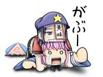  biting blue_dress blue_eyes blue_hair chibi dress expressive_clothes hat hat_removed head_biting headwear_removed irony jiangshi miyako_yoshika multiple_girls o_o ofuda open_mouth pink_hair saigyouji_yuyuko tears tk8d32 touhou 