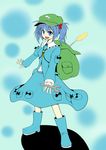  backpack bag blue_eyes blue_hair cattail double_sided_wrench hair_bobbles hair_ornament hat highres hikoooki kawashiro_nitori key open_mouth plant short_hair smile solo standing touhou two_side_up wrench 