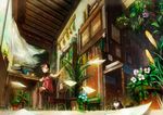  :o aqua_eyes bare_legs book bookshelf brown_hair chair curtains desk dog flower flying_paper foreshortening from_below indoors kappa neyagi open_mouth original paper plant potted_plant room scenery short_hair sitting sleeveless slippers solo sunlight wind window 