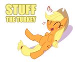  &lt;3 applejack_(mlp) blonde_hair blush cowboy_hat cutie_mark edit english_text equine eyes_closed female feral freckles friendship_is_magic fur hair hat horse humor joke long_hair lying mammal my_little_pony on_back open_mouth orange_fur plain_background pony smile solo spread_legs spreading text unknown_artist white_background 