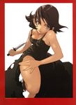  absurdres baccano! bob_cut border breasts brown_hair chane_laforet cleavage dress enami_katsumi formal highres knife medium_breasts official_art red_border short_hair smile solo torn_clothes 