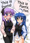  ahoge blue_eyes blue_hair engrish gaketsu green_eyes hiiragi_kagami izumi_konata long_hair lucky_star mole mole_under_eye multiple_girls no_pants panties pants pun purple_hair ranguage they're_not_panties underwear 