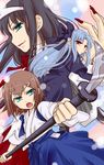  2girls baka_to_test_to_shoukanjuu green_eyes hair_ornament hairclip japanese_clothes kinoshita_hideyoshi len multiple_girls musukichi naginata open_mouth otoko_no_ko polearm toono_akiha tsukihime type-moon weapon 