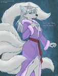  bathrobe canine clothed clothing english_text female fox half-closed_eyes krinele looking_at_viewer mammal multiple_tails nim-nim open_clothes skimpy solo tail text 