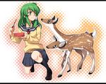  alternate_costume animal deer green_eyes green_hair hair_ornament halftone halftone_background hirase_yuu kochiya_sanae letterboxed long_hair lunchbox obentou one_knee school_uniform serafuku skirt solo touhou 