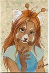  antennae brown_eyes brown_hair clothing female hair long_hair looking_at_viewer mammal nekoart red_panda shirt smile solo 