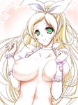  blonde_hair bow breast_press breasts choker cure_rhythm earrings green_eyes hair_bow highres jewelry large_breasts long_hair magical_girl minamino_kanade negamaro nipples precure solo suite_precure white_choker wrist_cuffs 
