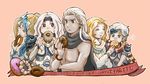  4boys age_difference armor blonde_hair blue_eyes brothers cain_highwind cape cecil_harvey ceodore_harvey doughnut earrings eyes_closed family father_and_son female final_fantasy final_fantasy_iv final_fantasy_iv_the_after food golbeza green_eyes headband headdress husband_and_wife jewelry long_hair male male_focus mother_and_son multiple_boys na_(pixiv913562) naa_(54891637) purple_eyes robe rosa_farrell scarf short_hair siblings silver_hair uncle_and_nephew 