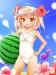  bikini fang female flat_chest flower food fruit gourd ibuki_suika miotama swimsuit tan tanline touhou watermelon 